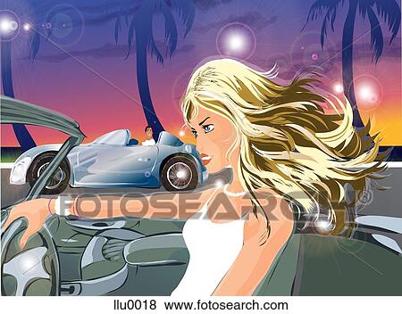 A 美しい女性 運転 A コンバーチブル スポーツカー ように A 人 腕時計 から もう１ つ 人 自動車 イラスト Llu0018 Fotosearch