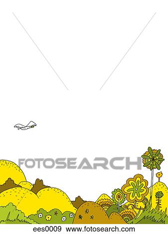 A bird flying over a hilly landscape View Large Illustration Stock Illustration - A bird flying over a hilly landscape. Fotosearch