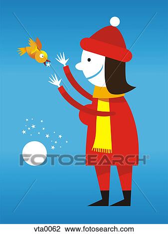 A bird helping a woman make snowballs View Large Illustration Drawing - A bird helping a woman make snowballs. Fotosearch
