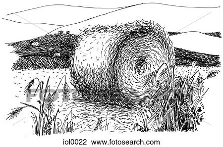 A black and white ink drawing of a haybale on a farm View Large Illustration Drawing - A black and white ink drawing of a haybale on a farm. Fotosearch
