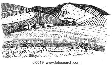A black and white ink drawing of fields in the countryside View Large Illustration Stock Illustration - A black and white ink drawing of fields in the countryside. Fotosearch