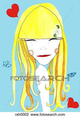 Drawing - A blond-haired girl surrounded by hearts and butterflies. Fotosearch