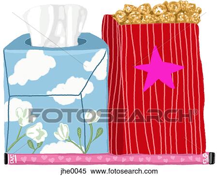 A box of tissues, popcorn and a pink DVD with hearts View Large Illustration Stock Illustration - A box of tissues, popcorn and a pink DVD with hearts. Fotosearch