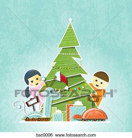 Stock Illustration - A boy and a girl behind a Christmas tree and presents. Fotosearch