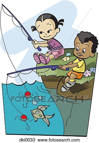 Drawing - A boy and girl fishing. Fotosearch