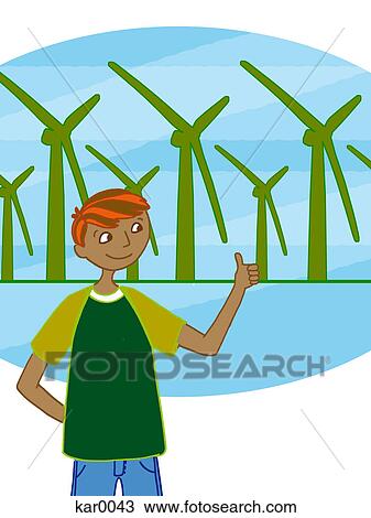 Drawing - A boy giving the thumbs up to wind power windmills. Fotosearch
