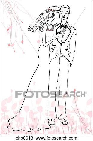 Drawing - A bride kissing her groom on the cheek. Fotosearch