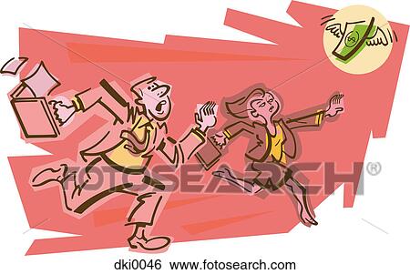 Stock Illustration - A business man and woman running after a flying dollar bill. Fotosearch