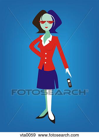 Stock Illustration - A business woman holding a cell phone by a strap. Fotosearch