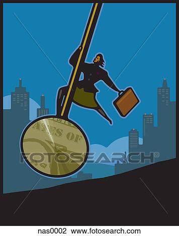 A business woman on a swinging pendulum reflecting the US Dollar bill View Large Illustration Drawing - A business woman on a swinging pendulum reflecting the US Dollar bill. Fotosearch