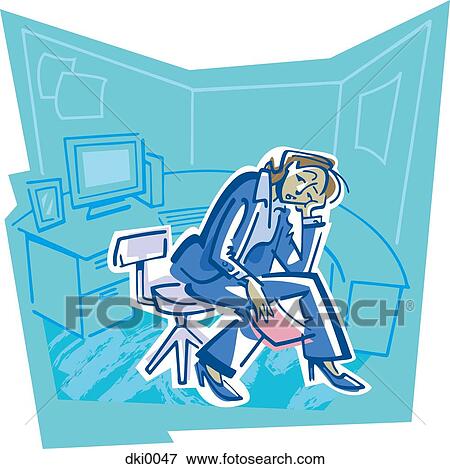 Stock Illustration - A business woman sitting at her desk holding a pink slip. Fotosearch