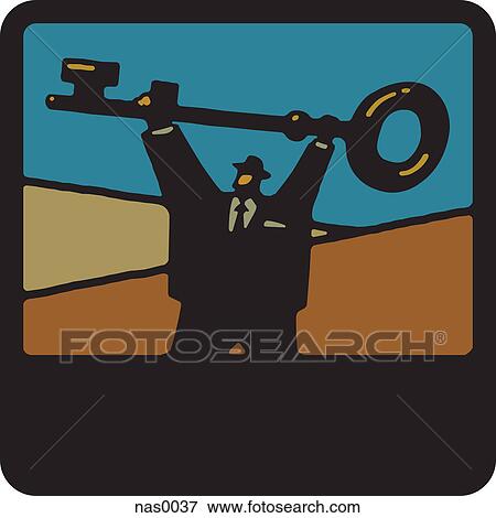 A businessman holding a large key over his head View Large Illustration Stock Illustration - A businessman holding a large key over his head. Fotosearch