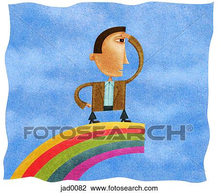 A businessman standing at the end of a rainbow looking into the distance View Large Illustration Drawing - A businessman standing at the end of a rainbow looking into the distance. Fotosearch