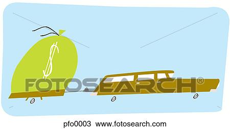 Drawing - A car pulling a large sack of money. Fotosearch