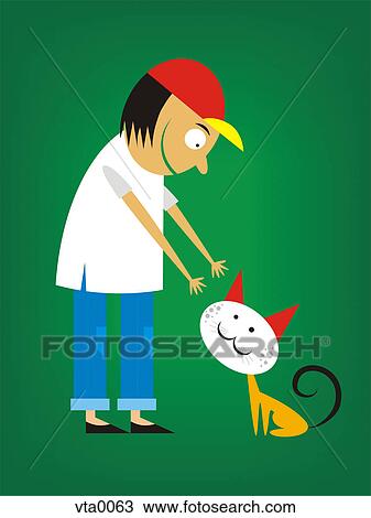 Drawing - A child reaching out to a cat. Fotosearch