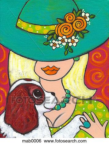 Stock Illustration - A close up of a woman and her King Charles Spaniel lapdog. Fotosearch