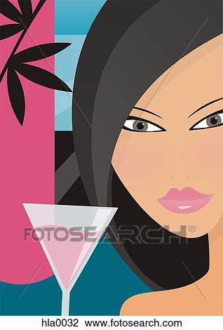 Drawing - A close up of a woman with a cocktail. Fotosearch