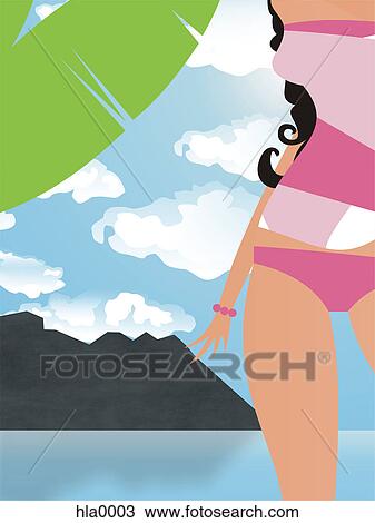 Drawing - A close up of a womans body in a swim suit on a tropical beach. Fotosearch