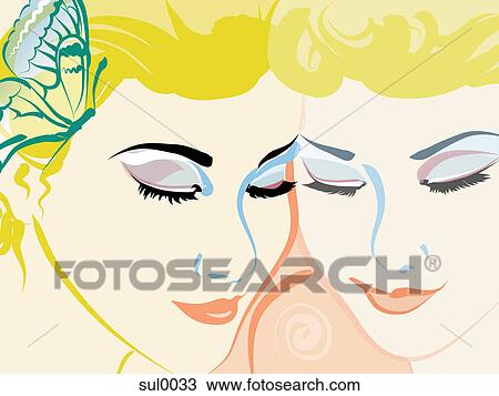 A close up of a womans face and her reflection View Large Illustration Drawing - A close up of a womans face and her reflection. Fotosearch