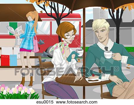 Stock Illustration - A couple having coffee in an outdoor cafe in the city. Fotosearch