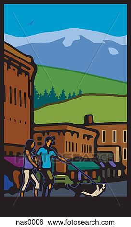 Stock Illustration - A couple walking a dog in a town with mountains in the background. Fotosearch
