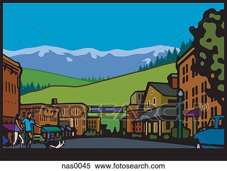 A couple walking a dog in a town with mountains in the background View Large Illustration Stock Illustration - A couple walking a dog in a town with mountains in the background. Fotosearch