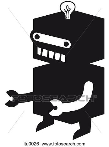 Stock Illustration - A cute black and white robot with a lightbulb on his head. Fotosearch
