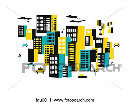 A downtown city center with buildings and cars View Large Illustration Clip Art - A downtown city center with buildings and cars. Fotosearch