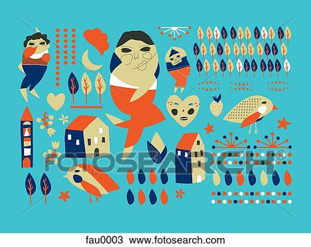 Drawing - A fantastical pattern of people, birds, buildings and leaves. Fotosearch