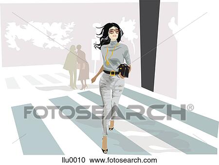 A fashionable woman crossing a street View Large Illustration Clipart - A fashionable woman crossing a street. Fotosearch