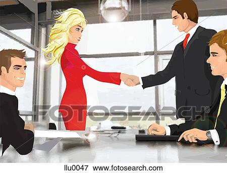 Stock Illustration - A female business woman shaking hands with a businessman in front of his colleagues. Fotosearch