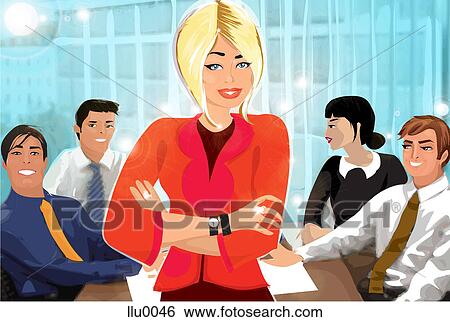 Stock Illustration - A female business woman smiling as her colleagues watch from behind. Fotosearch