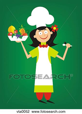 Drawing - A female chef holding utensils and a bowl of fruit. Fotosearch
