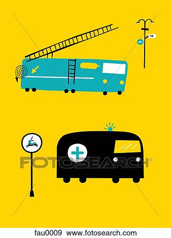 Stock Illustration - A fire engine and an ambulance and road sign. Fotosearch