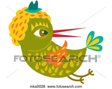 A flying green bird with a blue hat and yellow hair View Large Illustration Stock Illustration - A flying green bird with a blue hat and yellow hair. Fotosearch