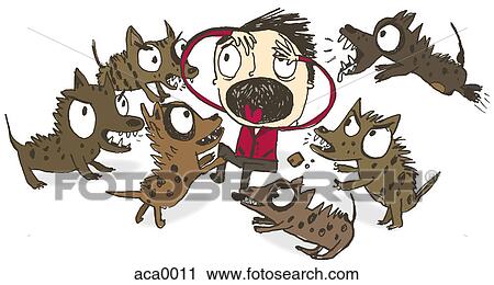 A frightened man being attacked by wild dogs View Large Illustration Clip Art - A frightened man being attacked by wild dogs. Fotosearch