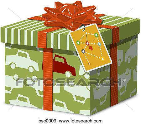 Stock Illustration - A gift box in wrapping paper with a car pattern. Fotosearch