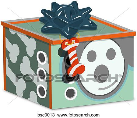 A gift box with a dog and bones wrapping paper and breathing holes View Large Illustration Drawing - A gift box with a dog and bones wrapping paper and breathing holes. Fotosearch