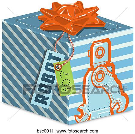 A gift box with a robot on it View Large Illustration Clip Art - A gift box with a robot on it. Fotosearch