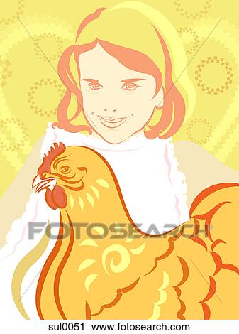 Clip Art - A girl and a chicken. Fotosearch