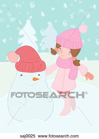 Stock Illustration - A girl and a snowman in the snow. Fotosearch