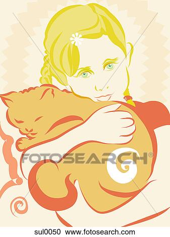 A girl holding a cat View Large Illustration Clipart - A girl holding a cat. Fotosearch