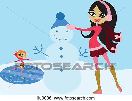 Stock Illustration - A girl ice skating and a girl building a snow man. Fotosearch