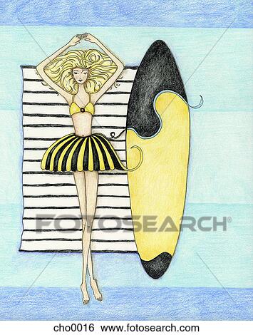 A girl lying on a towel at the beach with her surf board View Large Illustration Stock Illustration - A girl lying on a towel at the beach with her surf board. Fotosearch