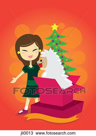 A girl opening a Christmas present View Large Illustration Drawing - A girl opening a Christmas present. Fotosearch