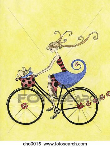 A girl riding her bicycle with her dog View Large Illustration Stock Illustration - A girl riding her bicycle with her dog. Fotosearch