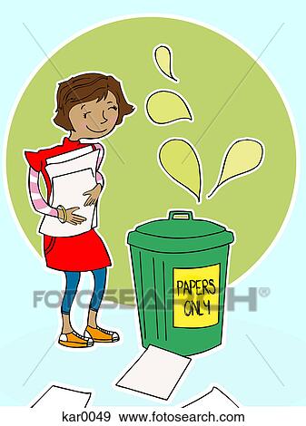 A girl taking a pile of papers to a recycling bin View Large Illustration Stock Illustration - A girl taking a pile of papers to a recycling bin. Fotosearch