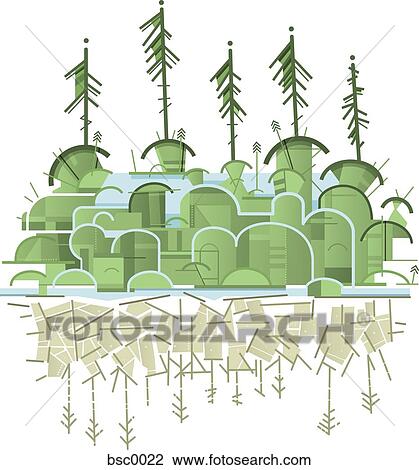 Drawing - A green forest on an island and a reflection in the water of a barren forest. Fotosearch