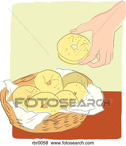 Stock Illustration - A hand taking a bagel out of a basket of bagels. Fotosearch