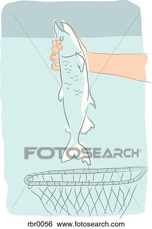 Stock Illustration - A hand taking a fish out of a net. Fotosearch